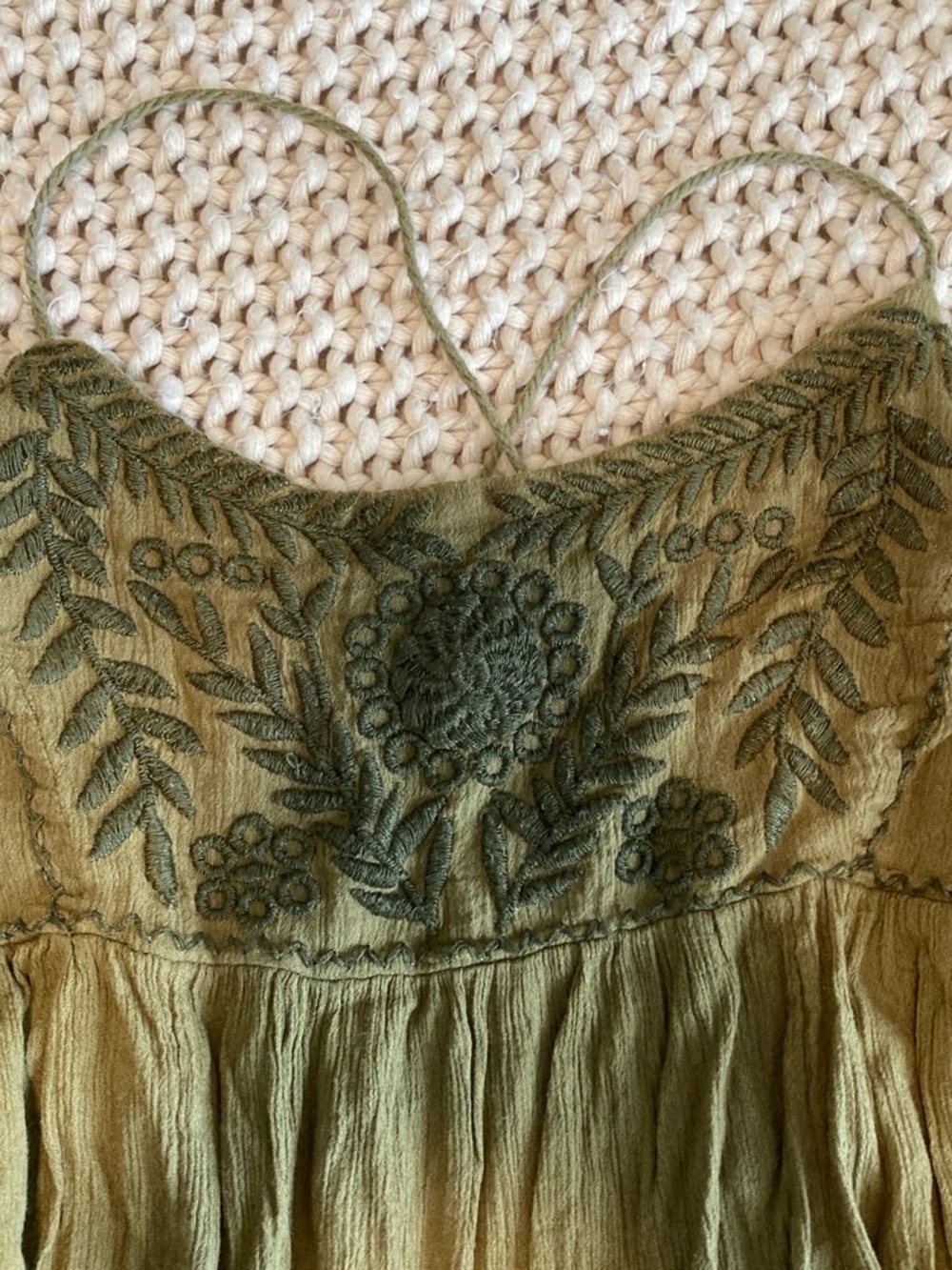 Free People Boho Blackbird Olive Green Embroidered Spaghetti Strap Camisole - Picture 2 of 8